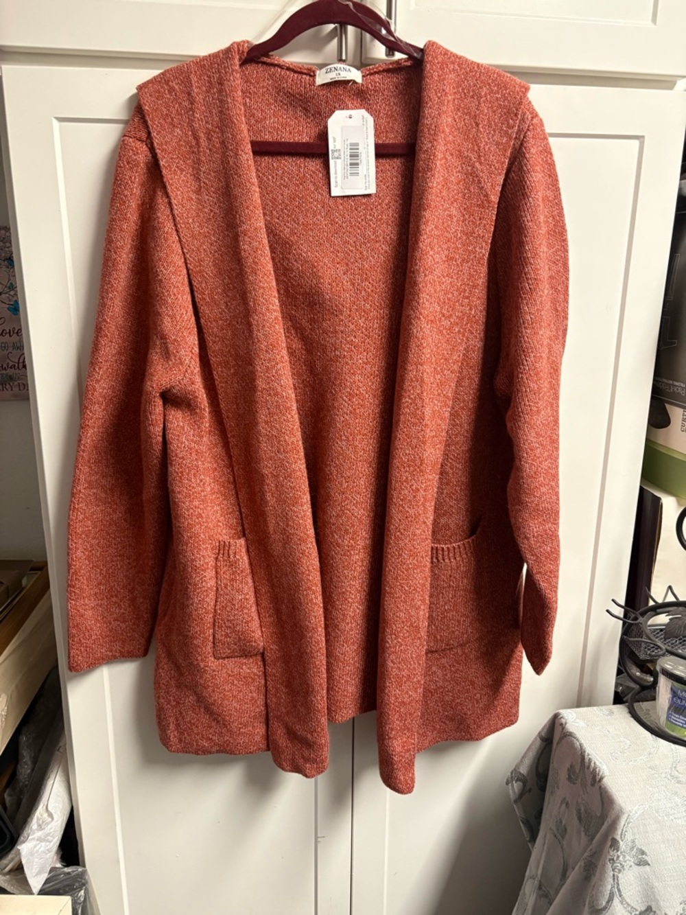 Cozy Open-Front Hooded Cardigan Zenana in Heathered Rust Sz 1X